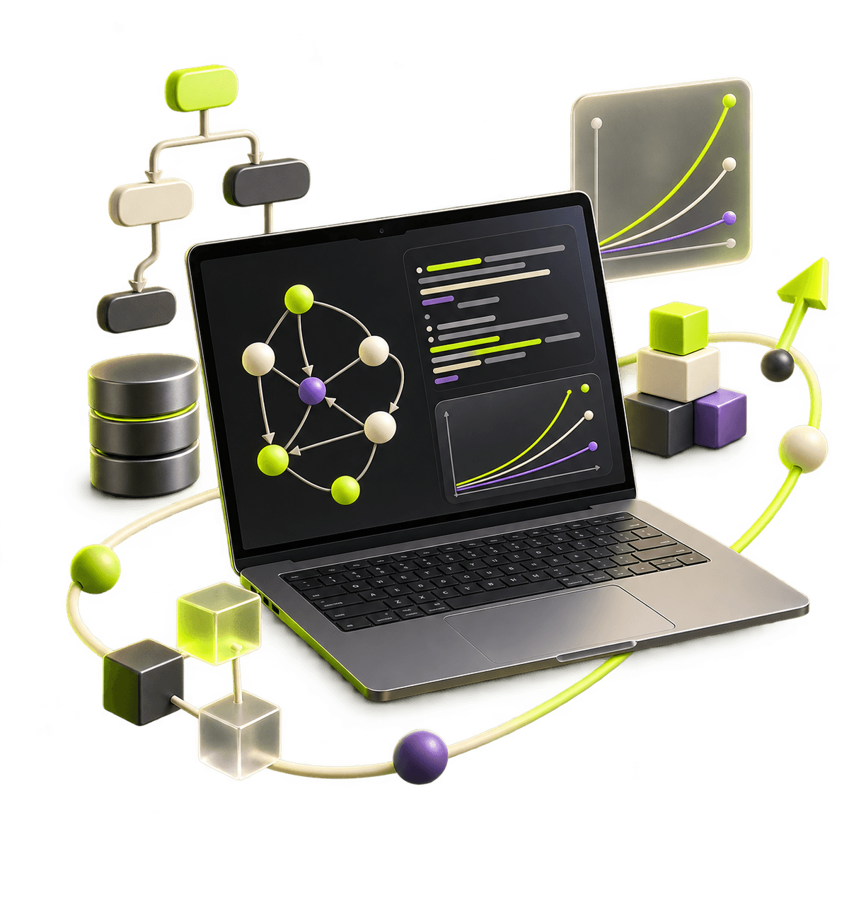 A Mac surrounded by algorithm nodes, code, and complexity curves
